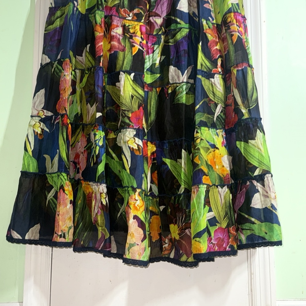 Guess Floral Print Kinsley Tiered Cotton Silk Boho Cottagecore Maxi Dress Size L - Picture 6 of 12